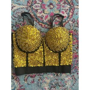 Gold Sequin Bustier Corset Top Padded Underwire Festival Crop Top 34B XS